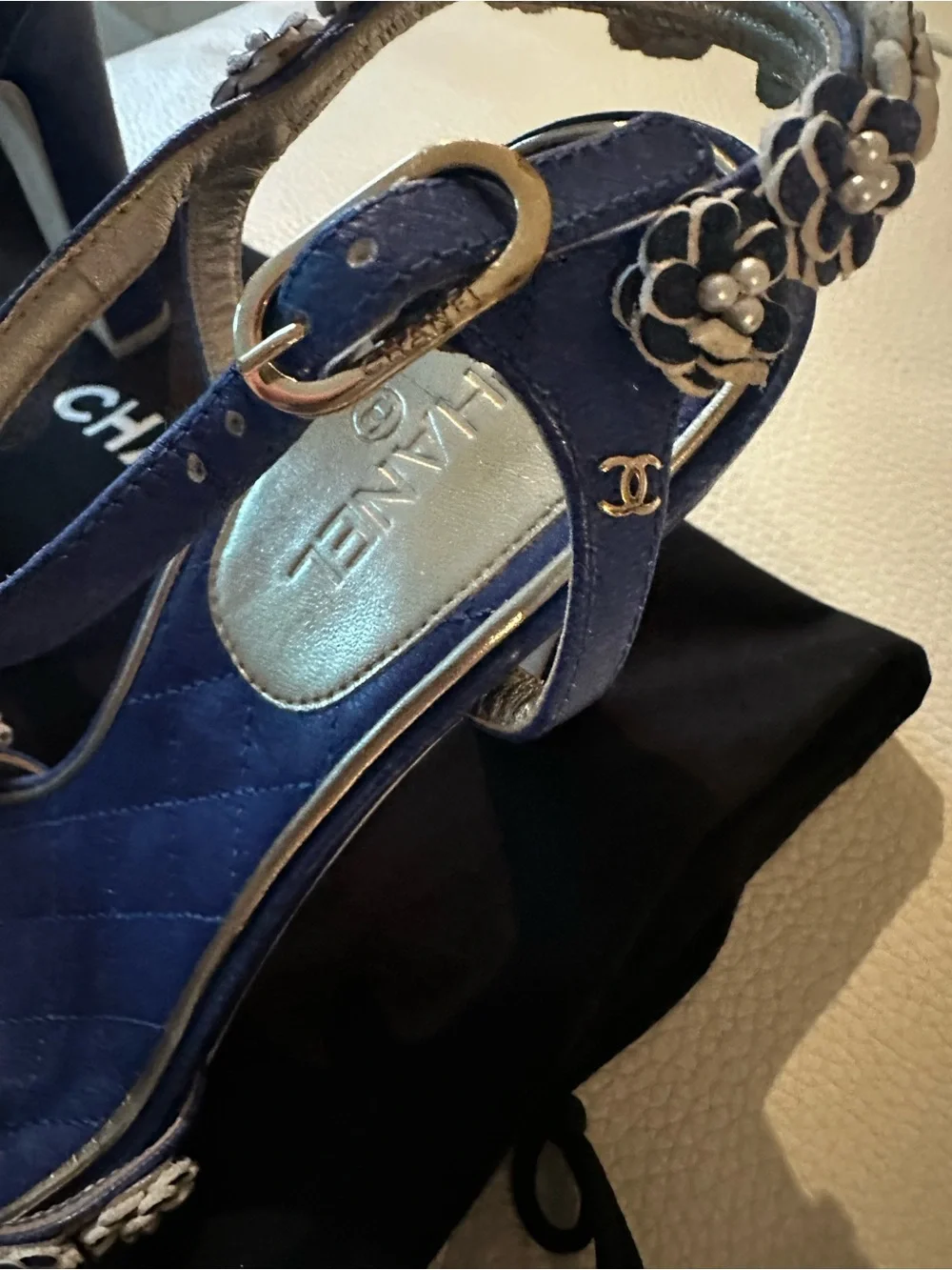 Chanel Vivid Blue Camellia Pearls CC Ankle Strap Sandals Eu 36